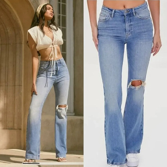 FOREVER 21 Premium High waisted Bootcut Distressed Rigid Jeans Size 28 - Picture 1 of 10